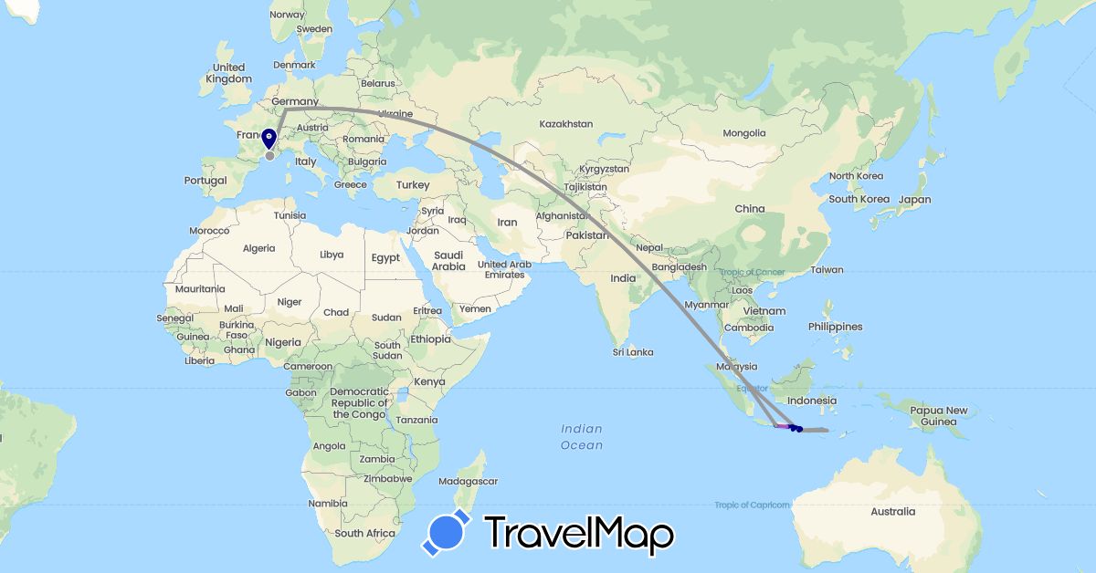 TravelMap itinerary: driving, plane, train, hiking, boat, motorbike in Germany, France, Indonesia, Singapore (Asia, Europe)